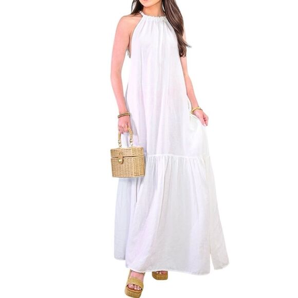 ELAN Linen Blend Tiered Halter Maxi Dress Relaxed Fit High Neck White Medium NWT - Picture 6 of 15